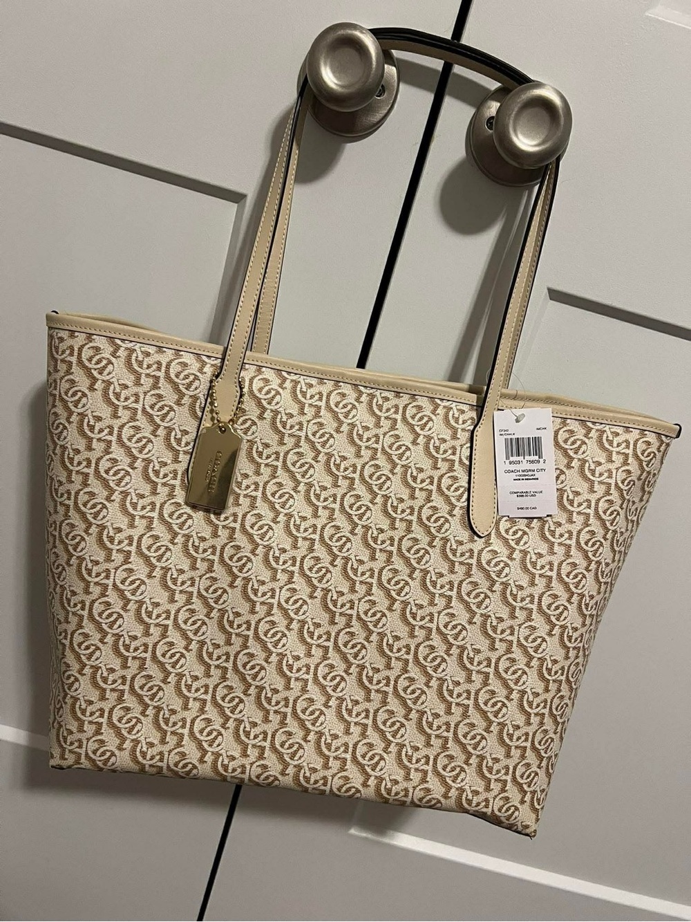 Coach Cream and Tan Signature Tote with Matching Wallet